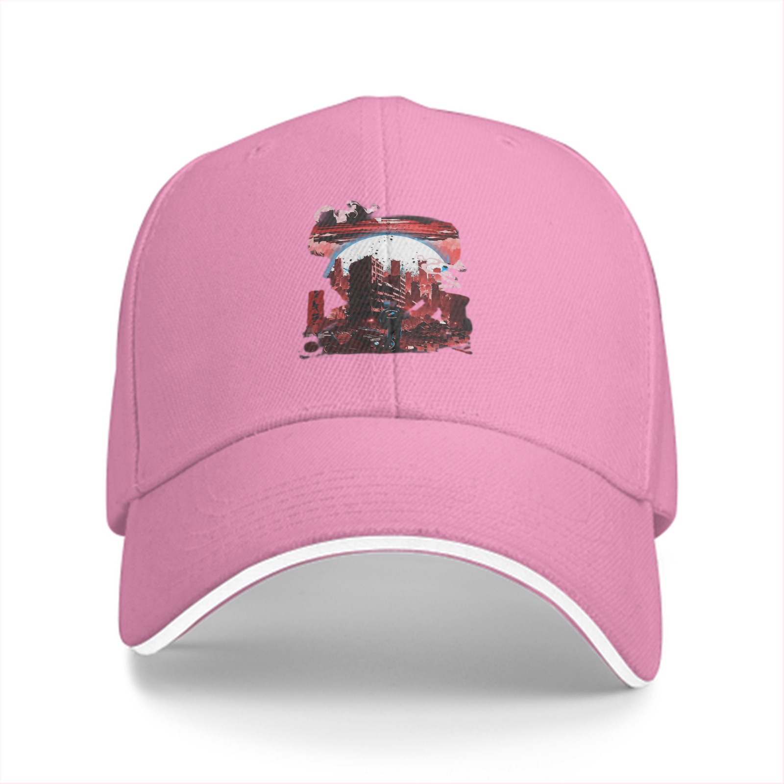 Black Baseball Cap with Abstract Red Cityscape Print