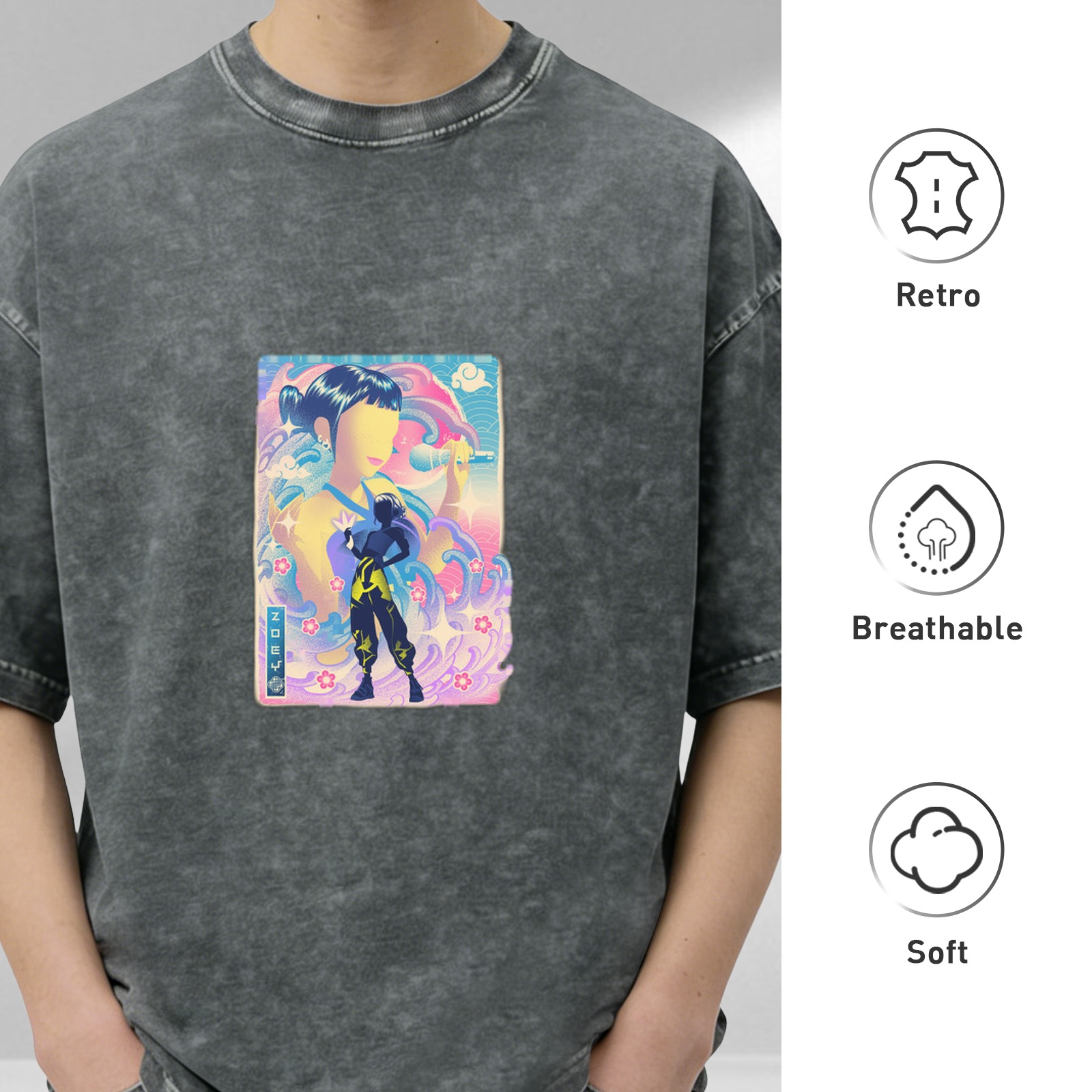 Oversized Acid Wash T-Shirt with Anime Singer Graphic Print
