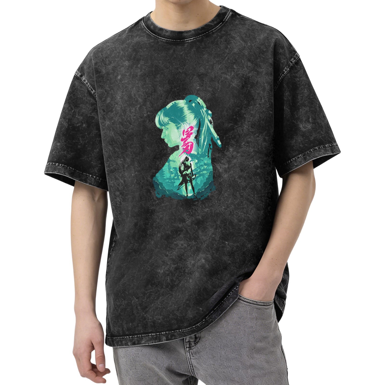 Washed Black Graphic T-Shirt with Neon Anime Girl Silhouette Print