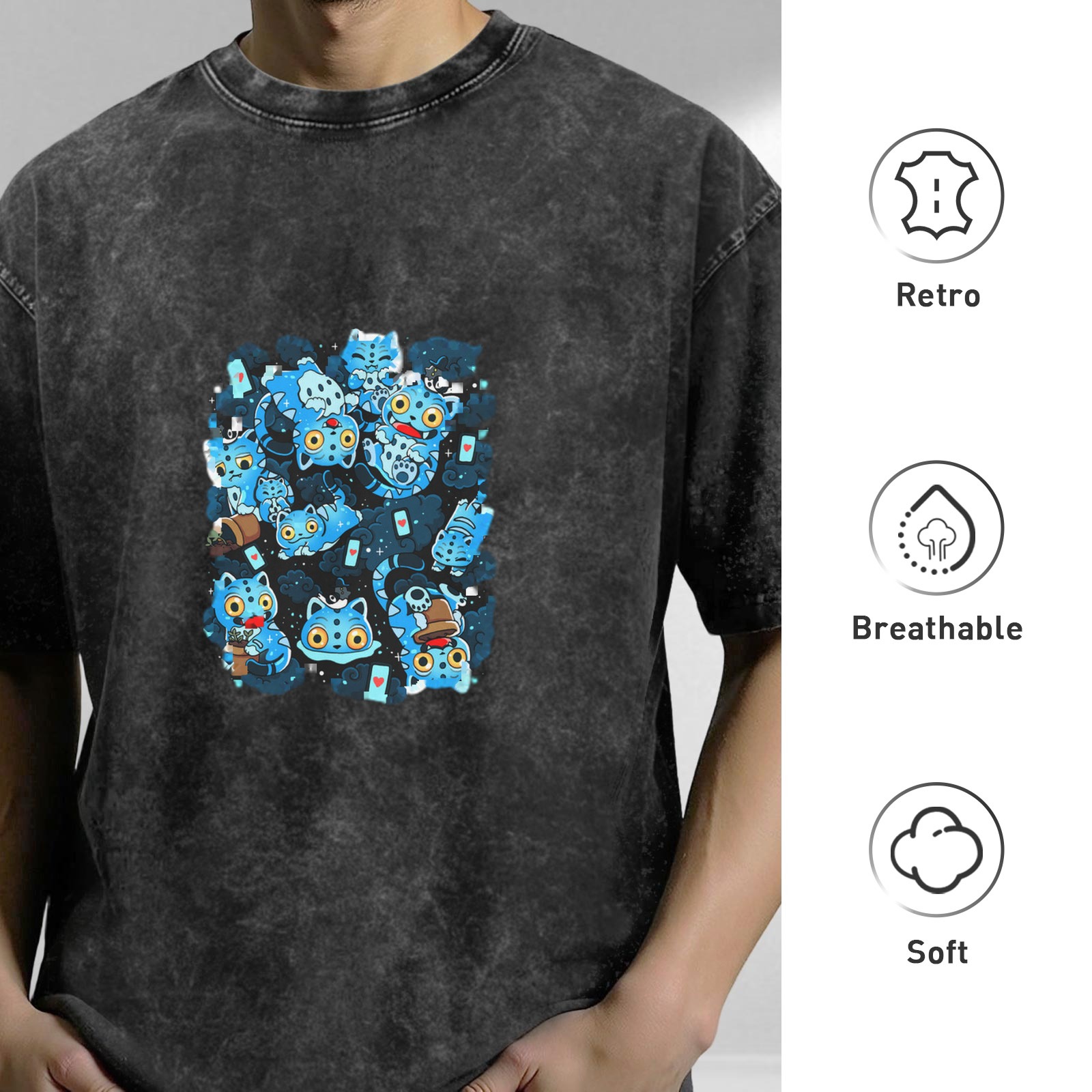 Oversized Vintage Wash Black T-Shirt with Blue Cute Cat Graphic Print
