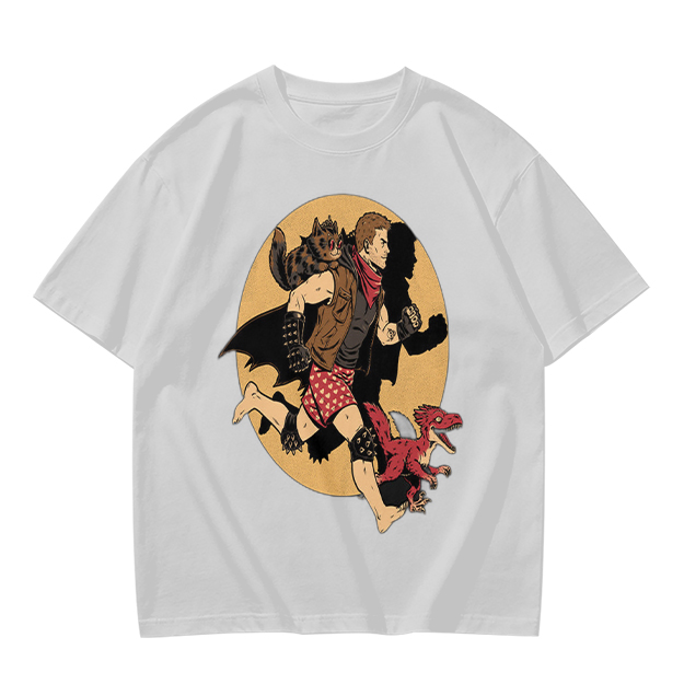 Olive T-Shirt With Fantasy Running Character And Creatures Print