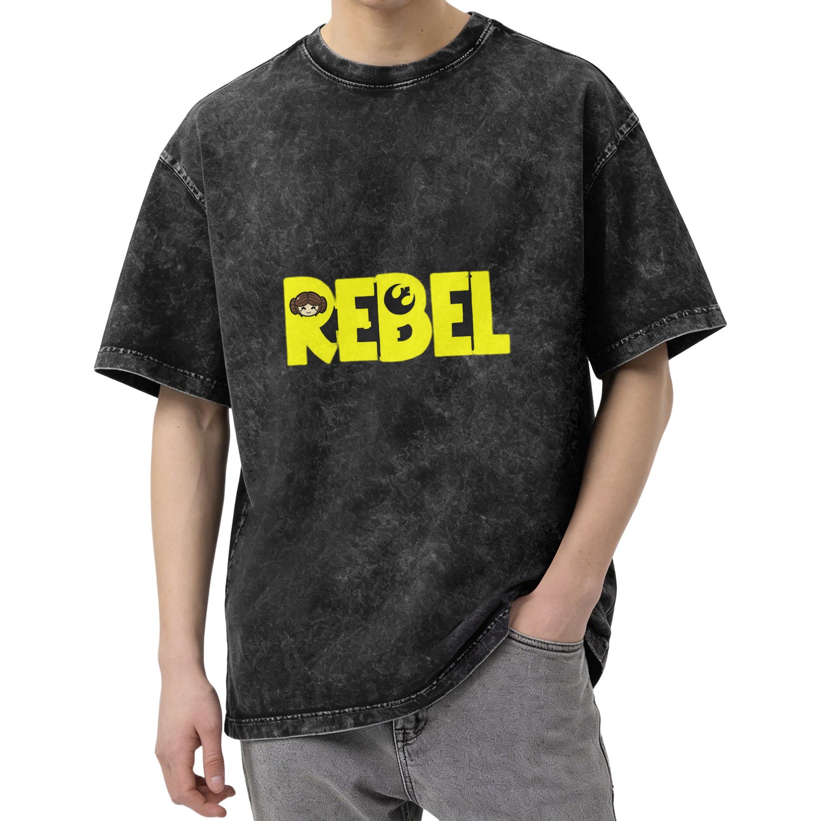 Washed Black Rebel Graphic T-Shirt with Princess Leia Art