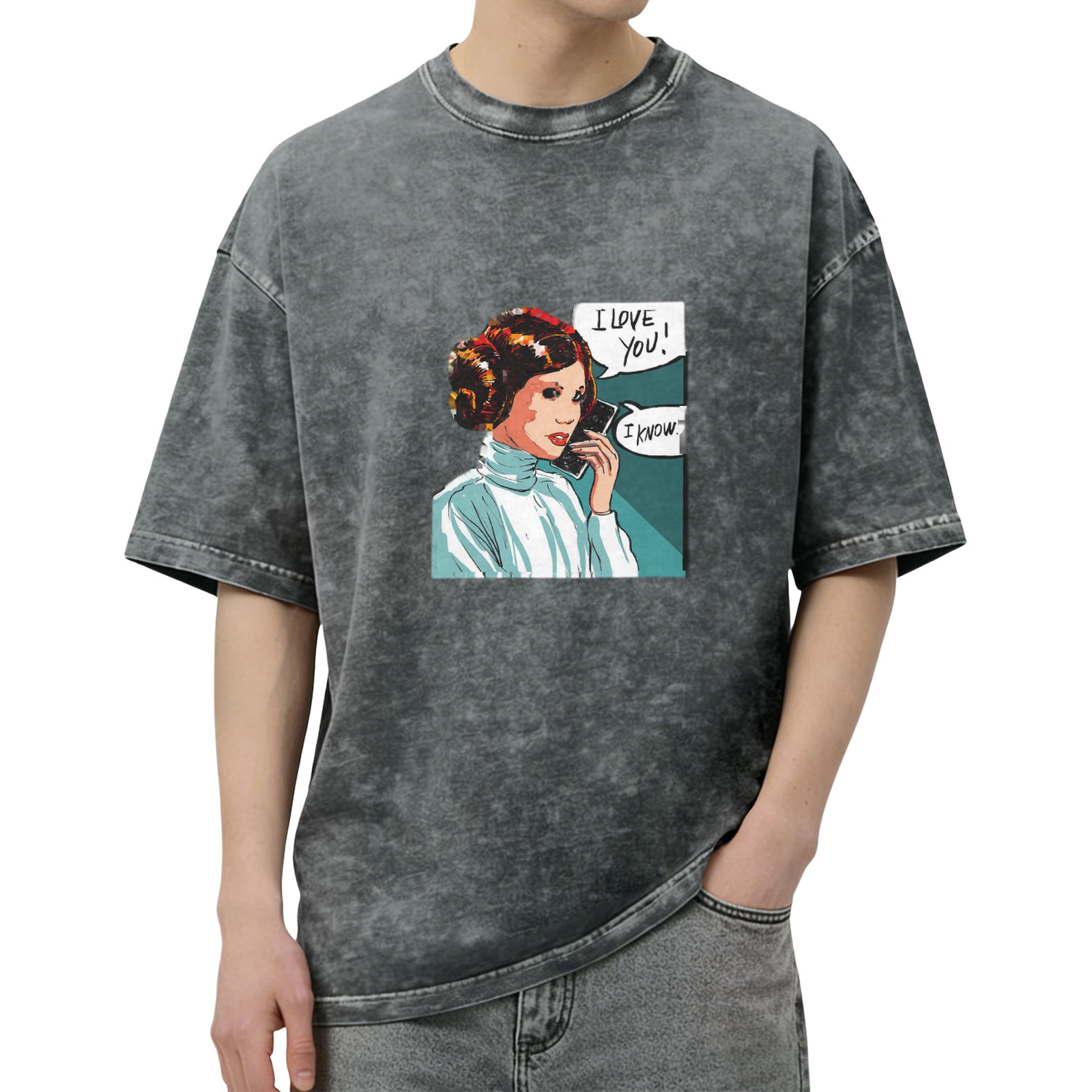 Washed Black T-Shirt with Princess Leia I Love You I Know Artwork