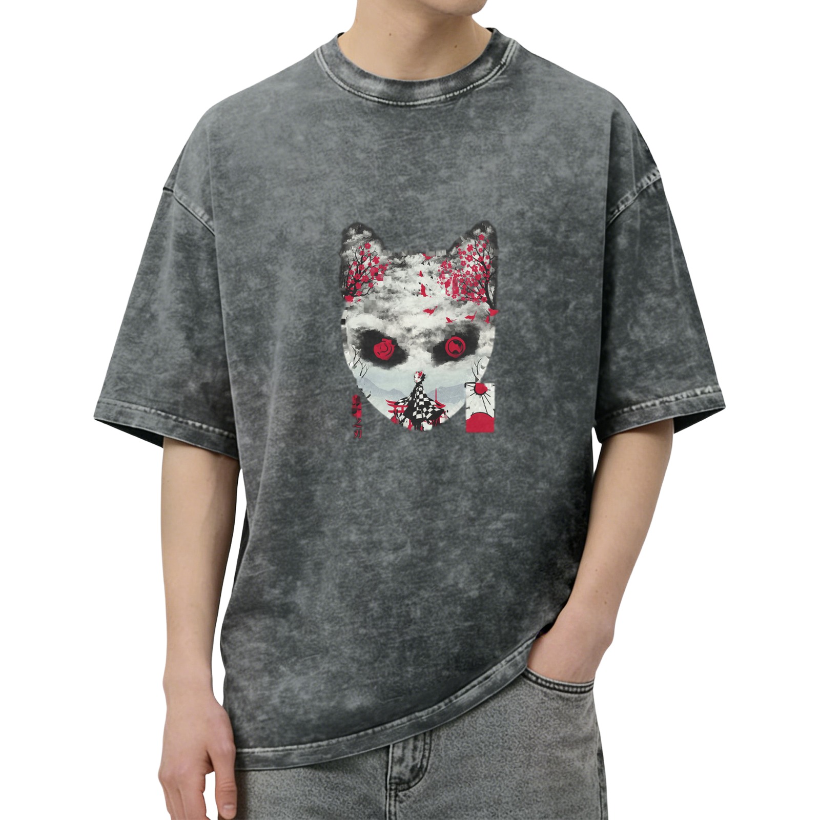 Oversized Vintage Wash Anime Graphic T-Shirt - Japanese Demon Mask & Cherry Blossom Design
