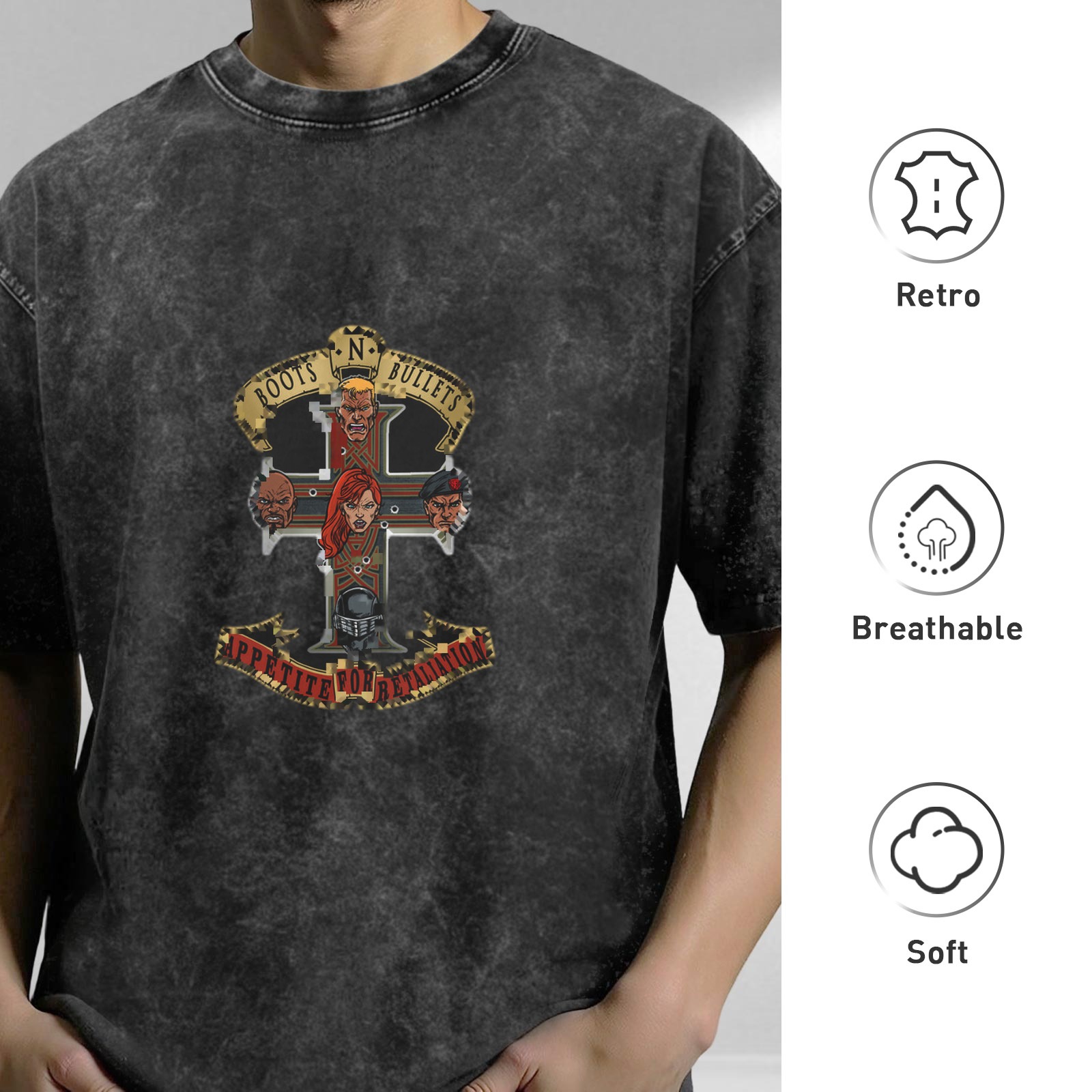 Washed black graphic t-shirt with cross and character print