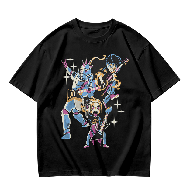 Olive T-shirt with Anime Rock Band Characters Graphic