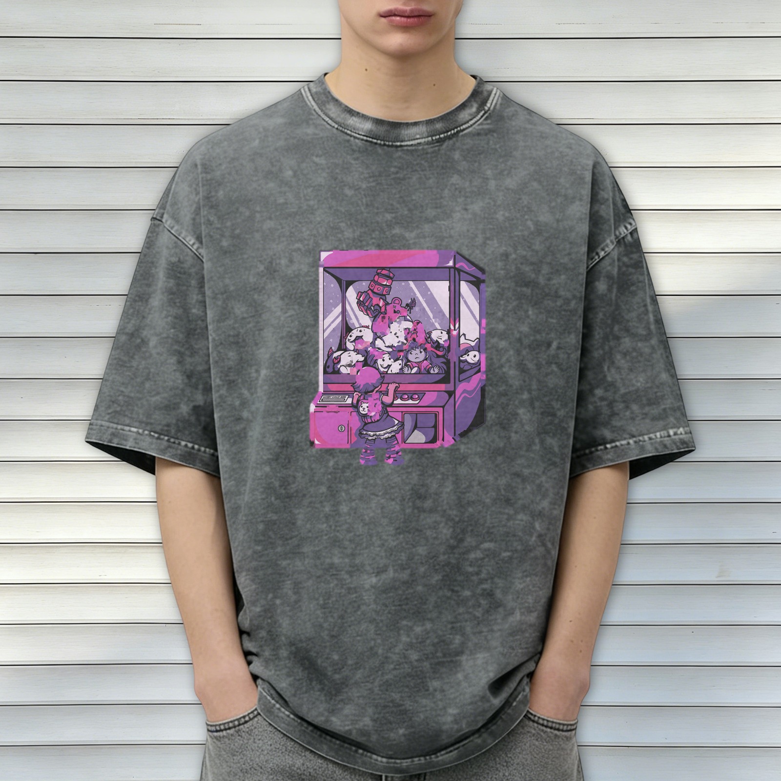 Oversized acid wash t-shirt with anime claw machine graphic