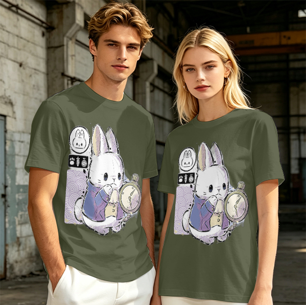 Olive T-Shirt With White Rabbit Holding Pocket Watch Print