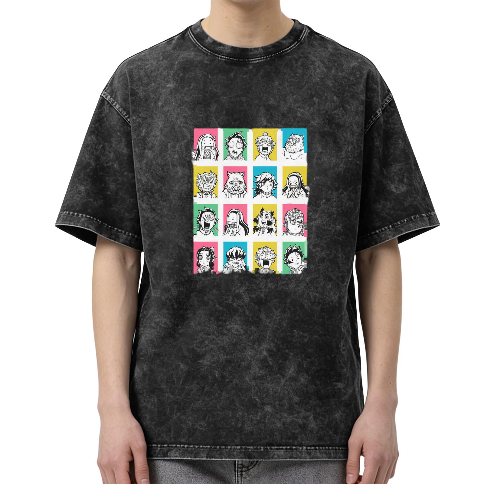 Demon Slayer anime character print distressed washed black loose short-sleeved T-shirt