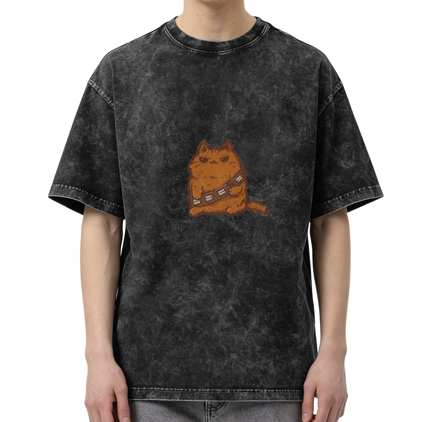 Washed black graphic t-shirt with chubby cat in bandolier design