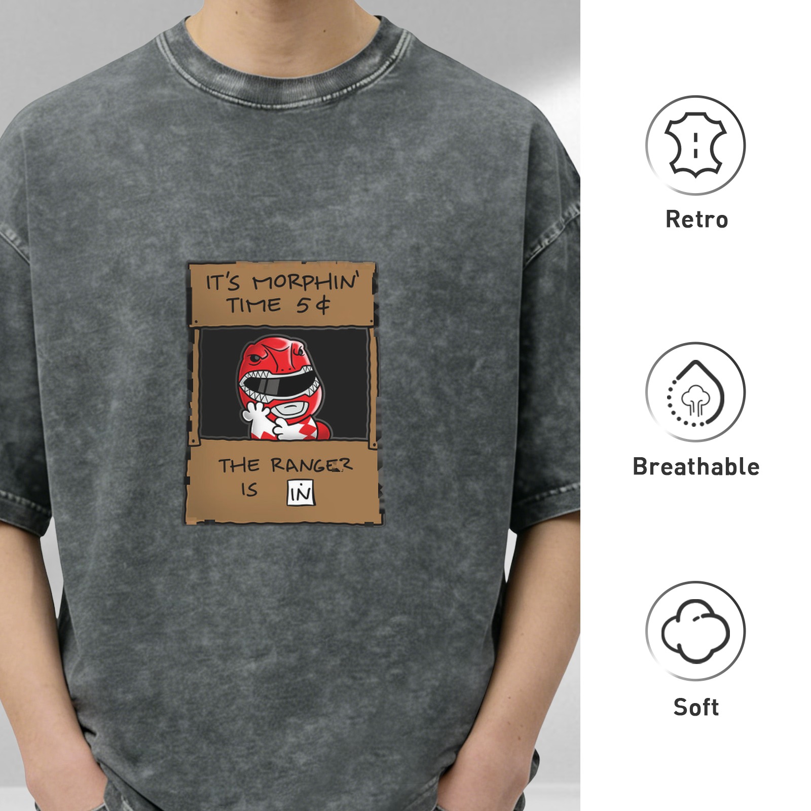 Oversized acid wash t-shirt with Power Rangers 'It's Morphin Time' graphic