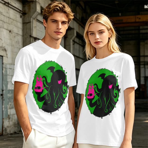 Olive T-Shirt With Cthulhu Holding Pink Ship Graphic Print