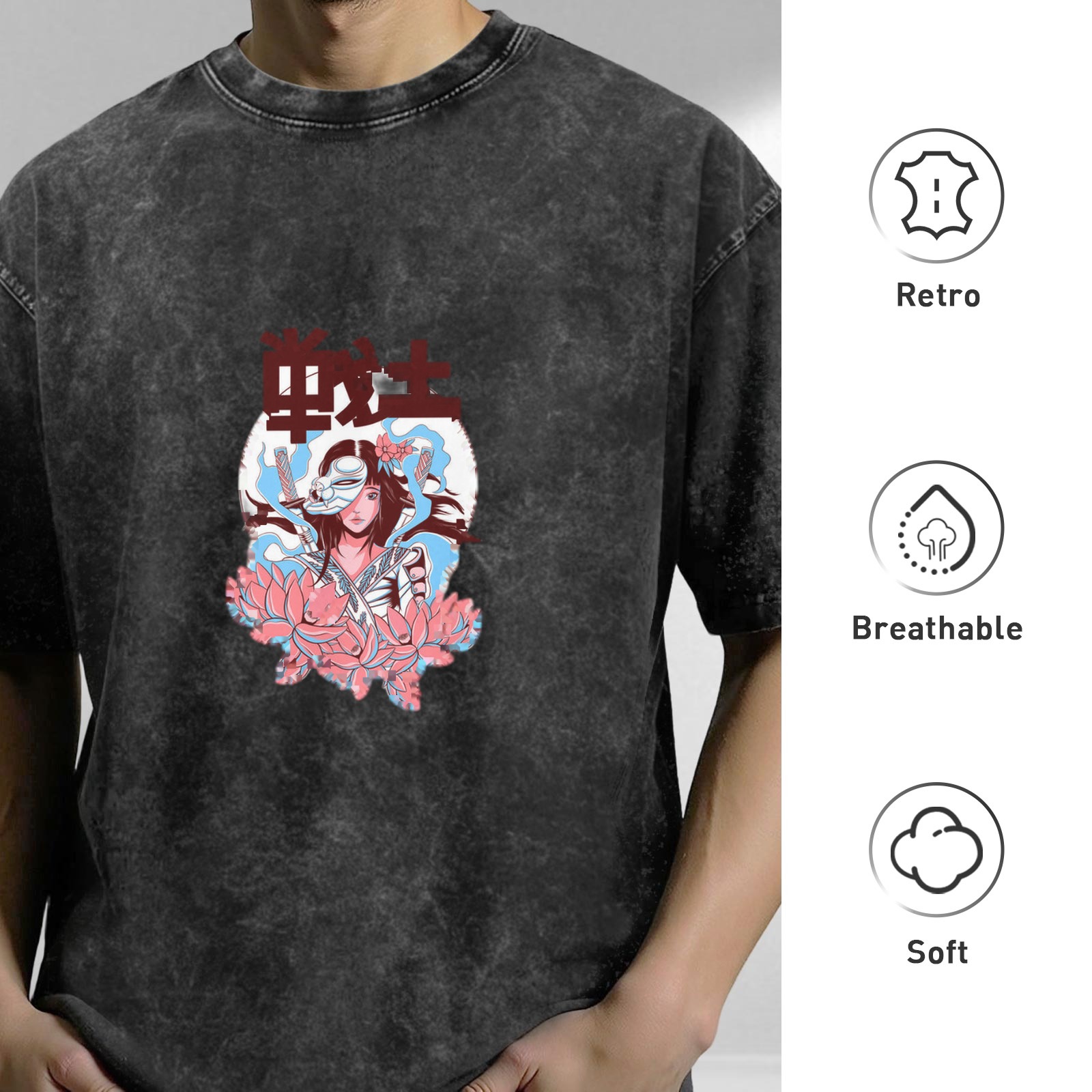 Oversized dark washed t-shirt with anime warrior girl and lotus print