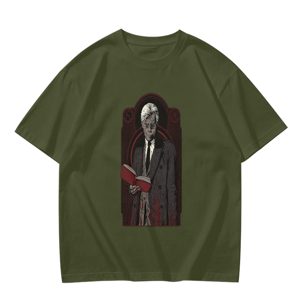 Olive T-shirt with Gothic Figure Holding Red Book Print