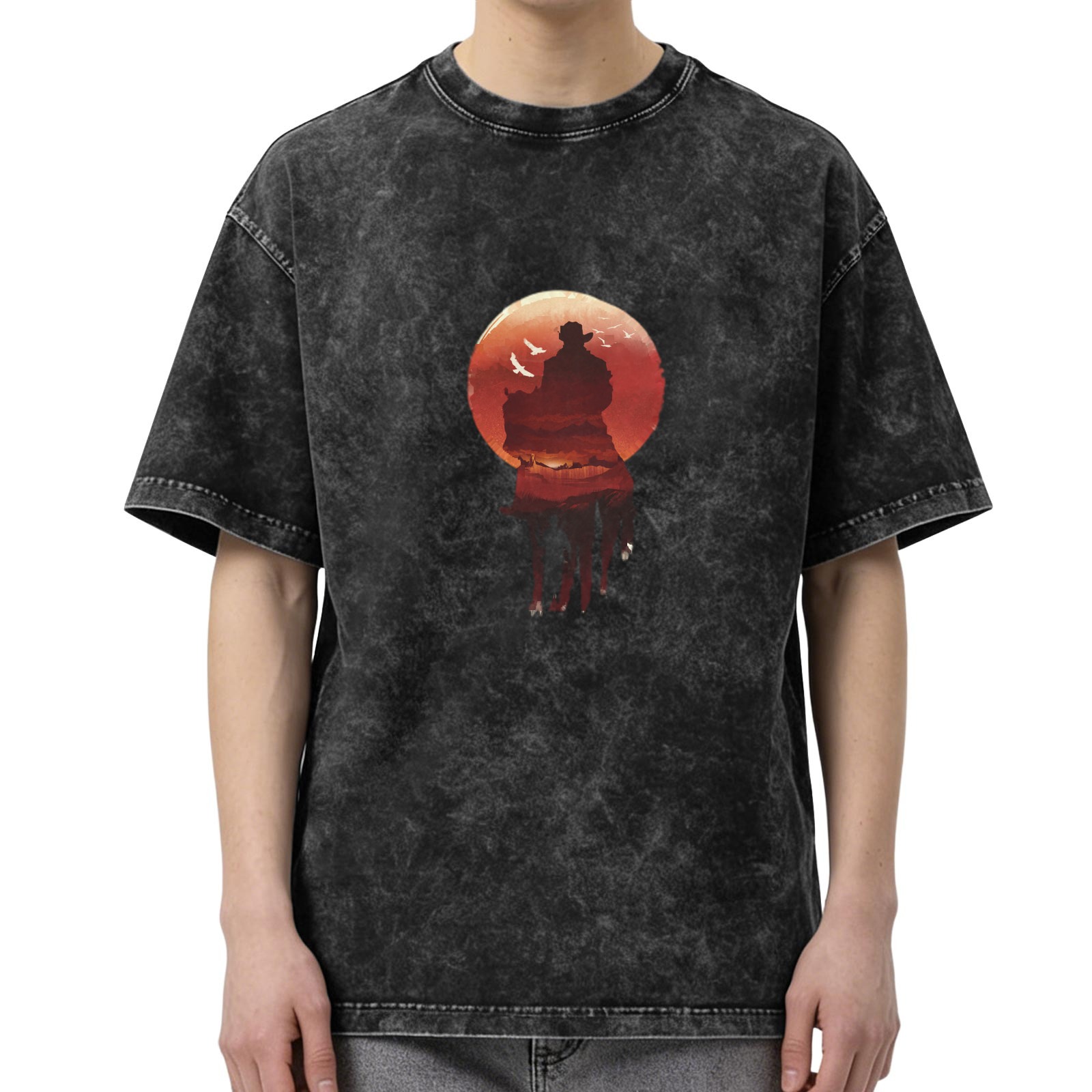 Washed Black Oversized T-Shirt with Cowboy Sunset Graphic