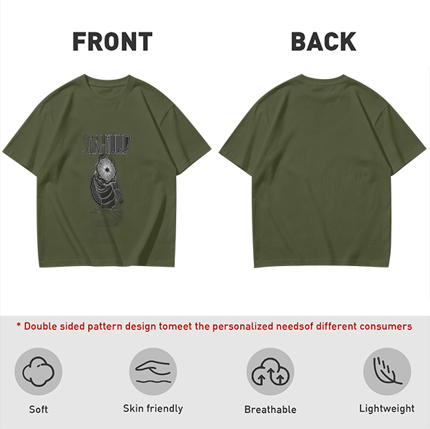 Olive green graphic t-shirt with masked figure print