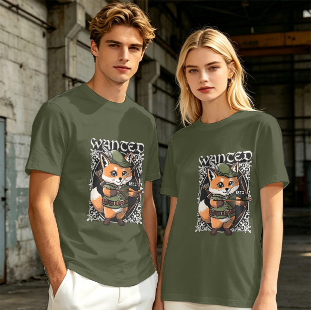 Olive green t-shirt with cute fox archer 'WANTED' graphic