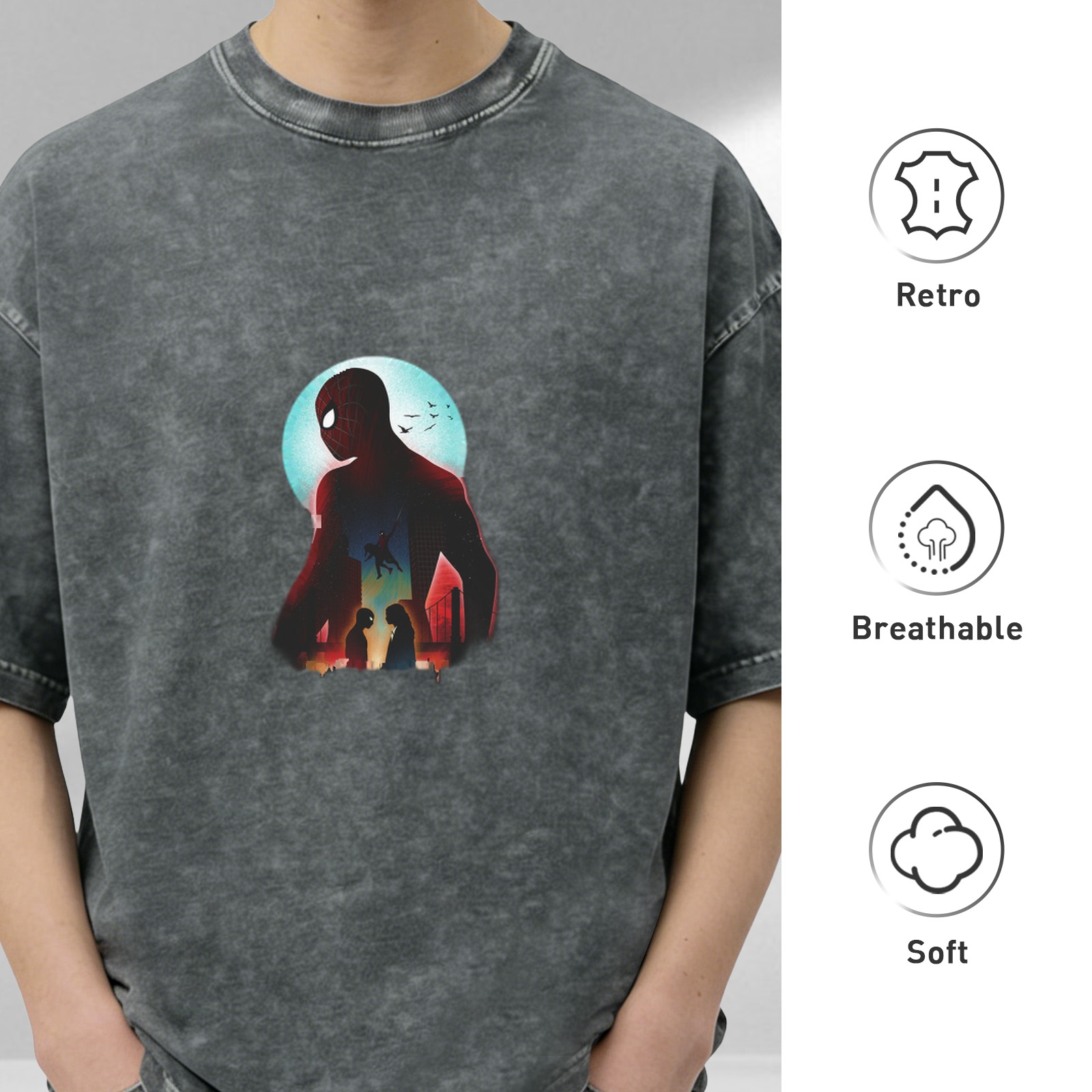Washed Black T-Shirt with Spider-Man Silhouette Graphic