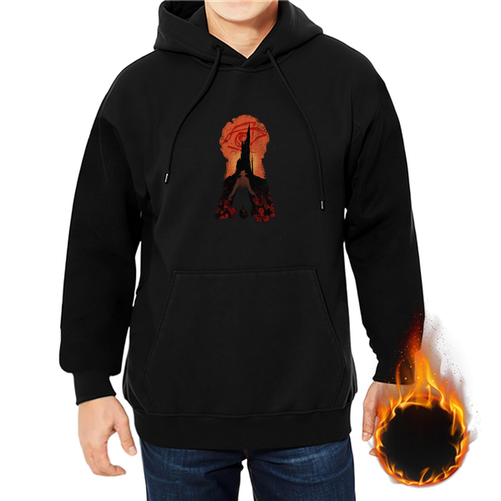 Black hoodie with dark tower and rose silhouette graphic