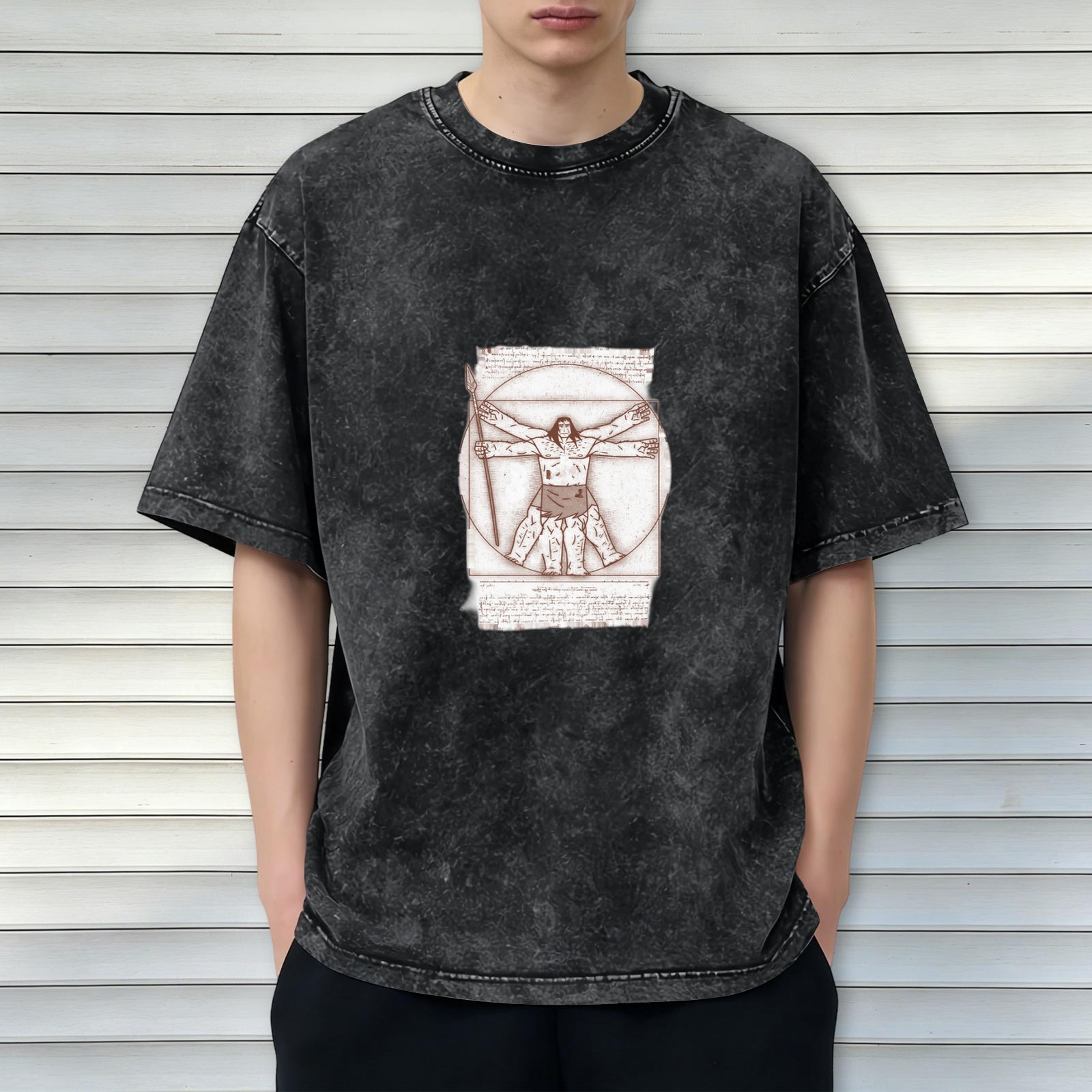 Oversized Acid Wash T-Shirt With Vitruvian Barbarian Print