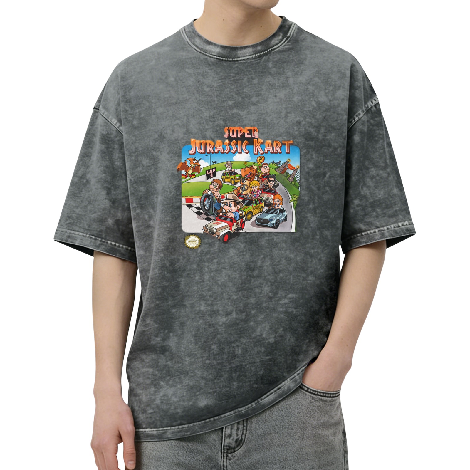 Super Jurassic Kart retro washed distressed printed short-sleeved T-shirt men's loose casual top