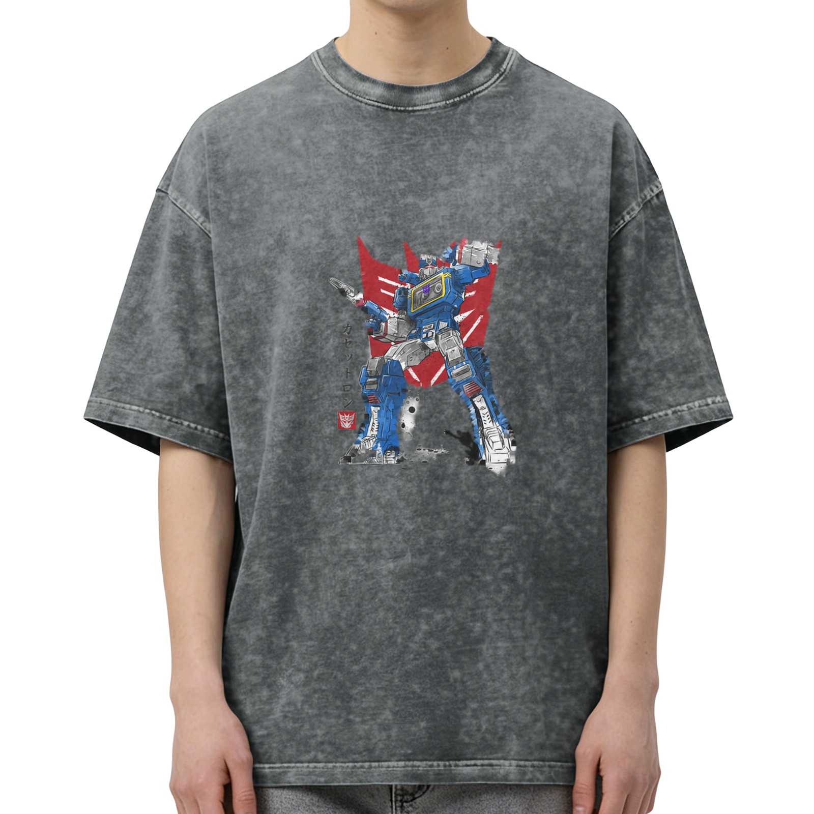 Oversized Washed Black T-shirt with Transformers Soundwave Graphic Print