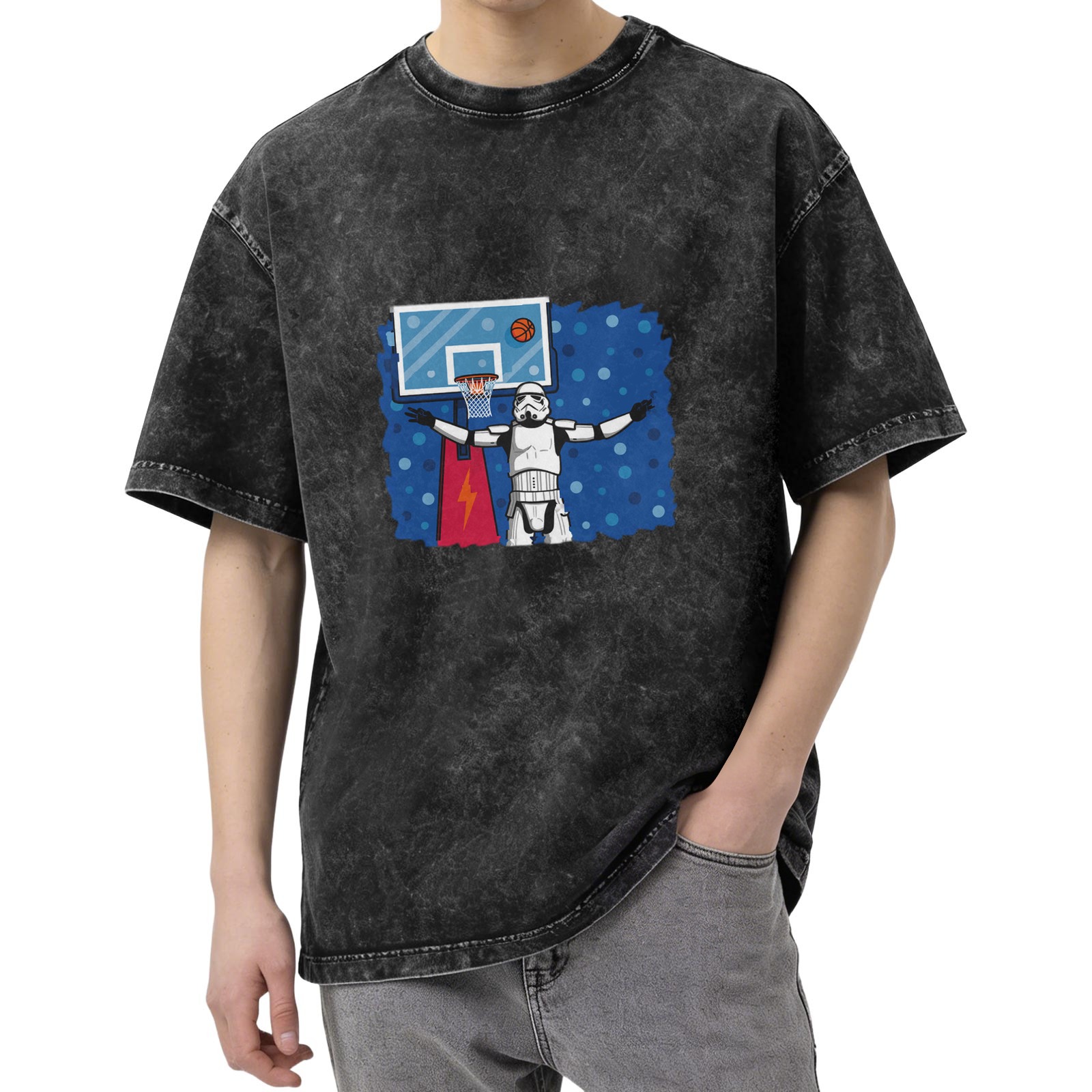 Washed Black T-Shirt with Stormtrooper Basketball Graphic Design