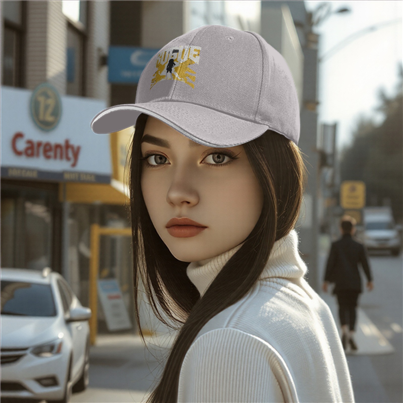 Black baseball cap with ROGUE text and silhouette graphic