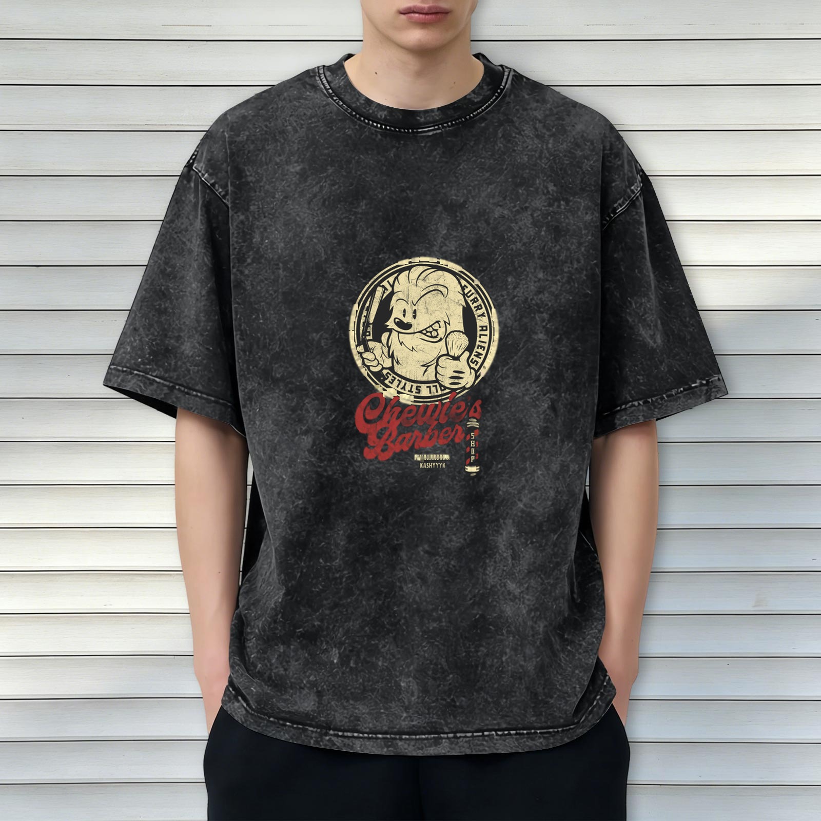 Oversized Acid Wash T-Shirt With Chewie's Barber Graphic Print