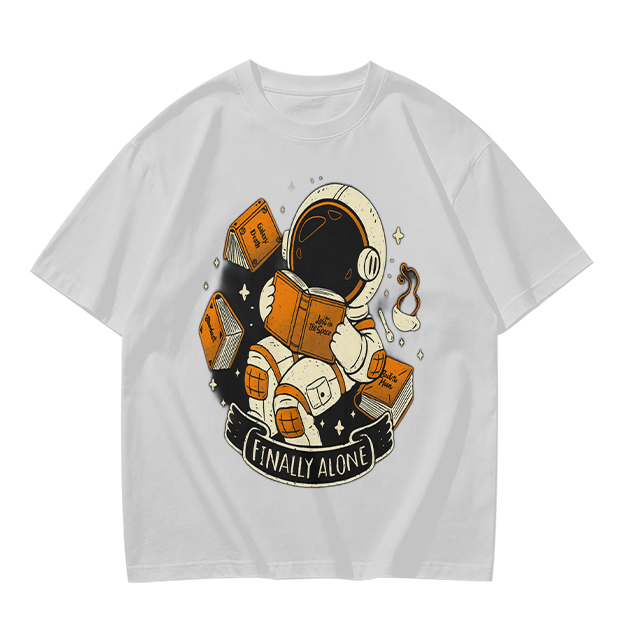 Astronaut Reading Book 'Finally Alone' Graphic T-Shirt Design