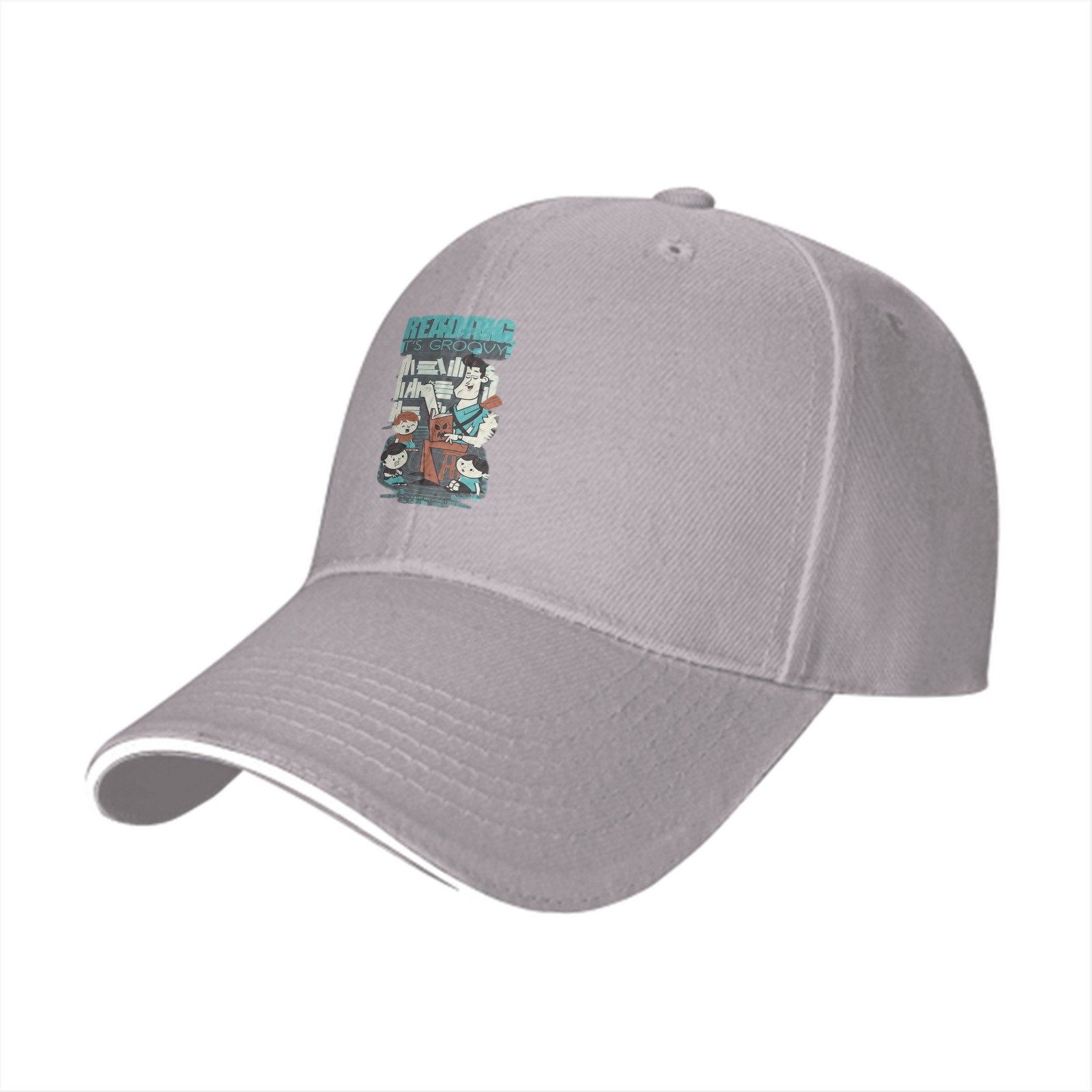 Black baseball cap with retro reading themed graphic print