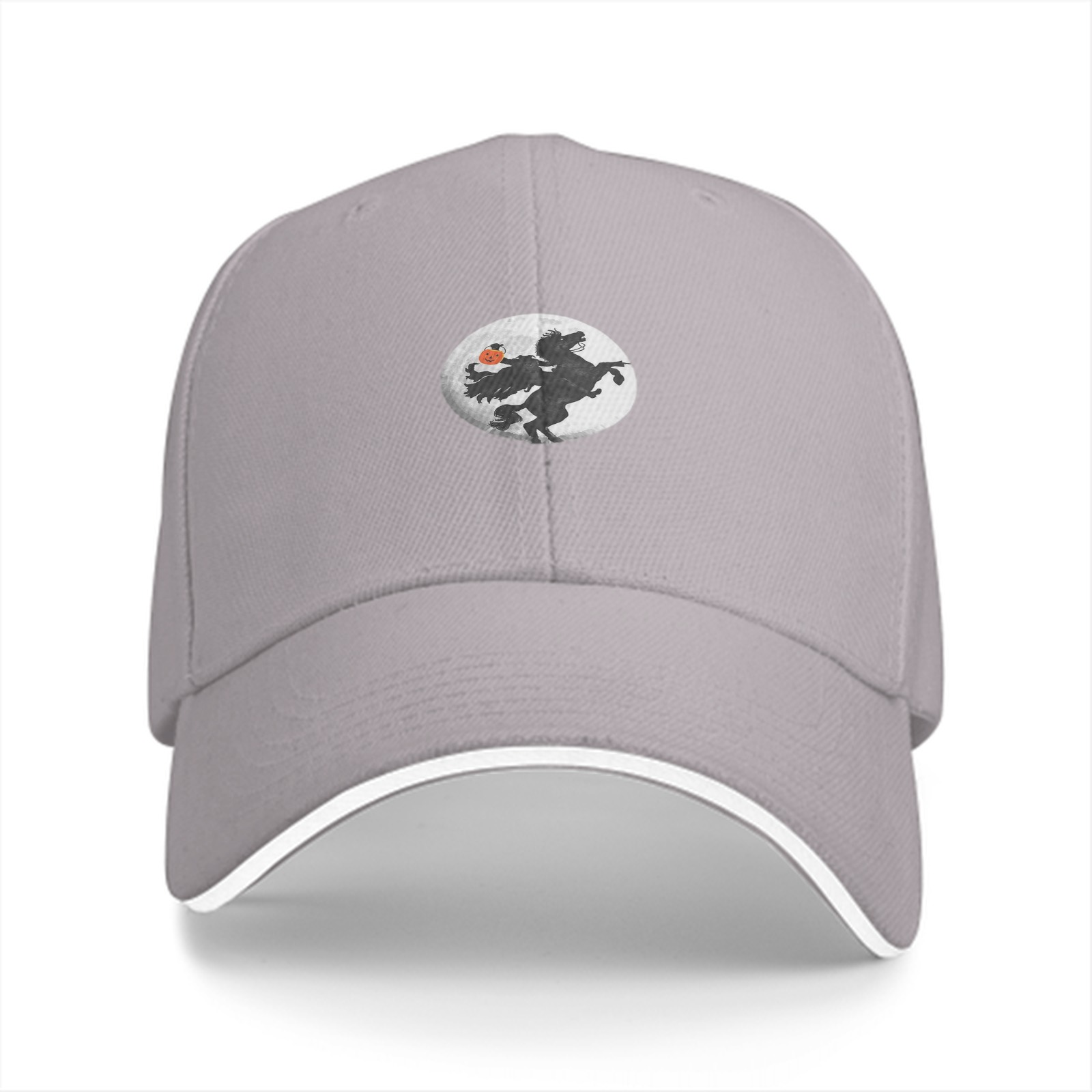 Black baseball cap with headless horseman silhouette graphic
