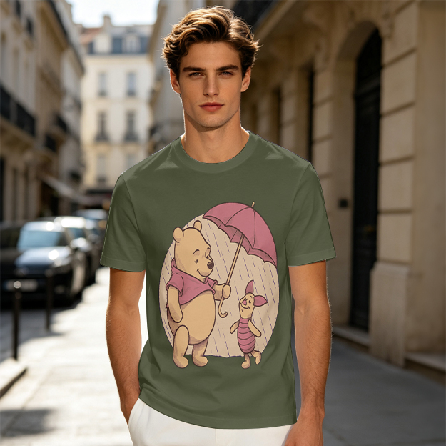 Winnie the Pooh and Piglet Under Umbrella Rain Graphic T-Shirt