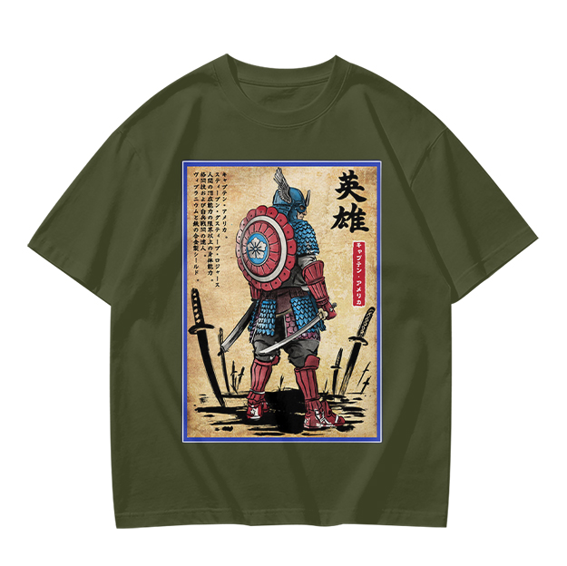 Olive T-shirt with Samurai Captain America Hero Art Print
