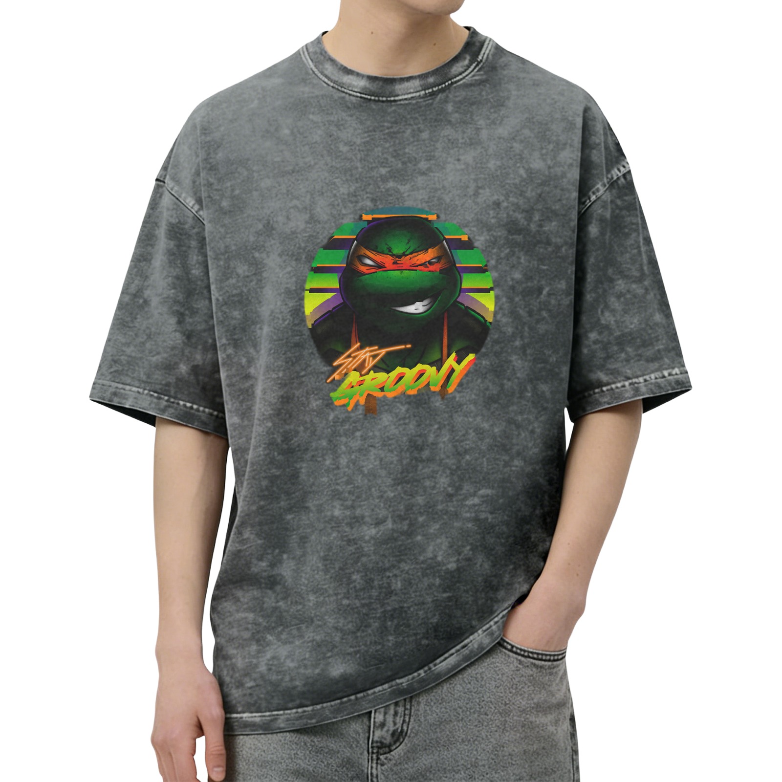 Oversized Dark Wash T-Shirt with Retro Teenage Mutant Ninja Turtle Graphic