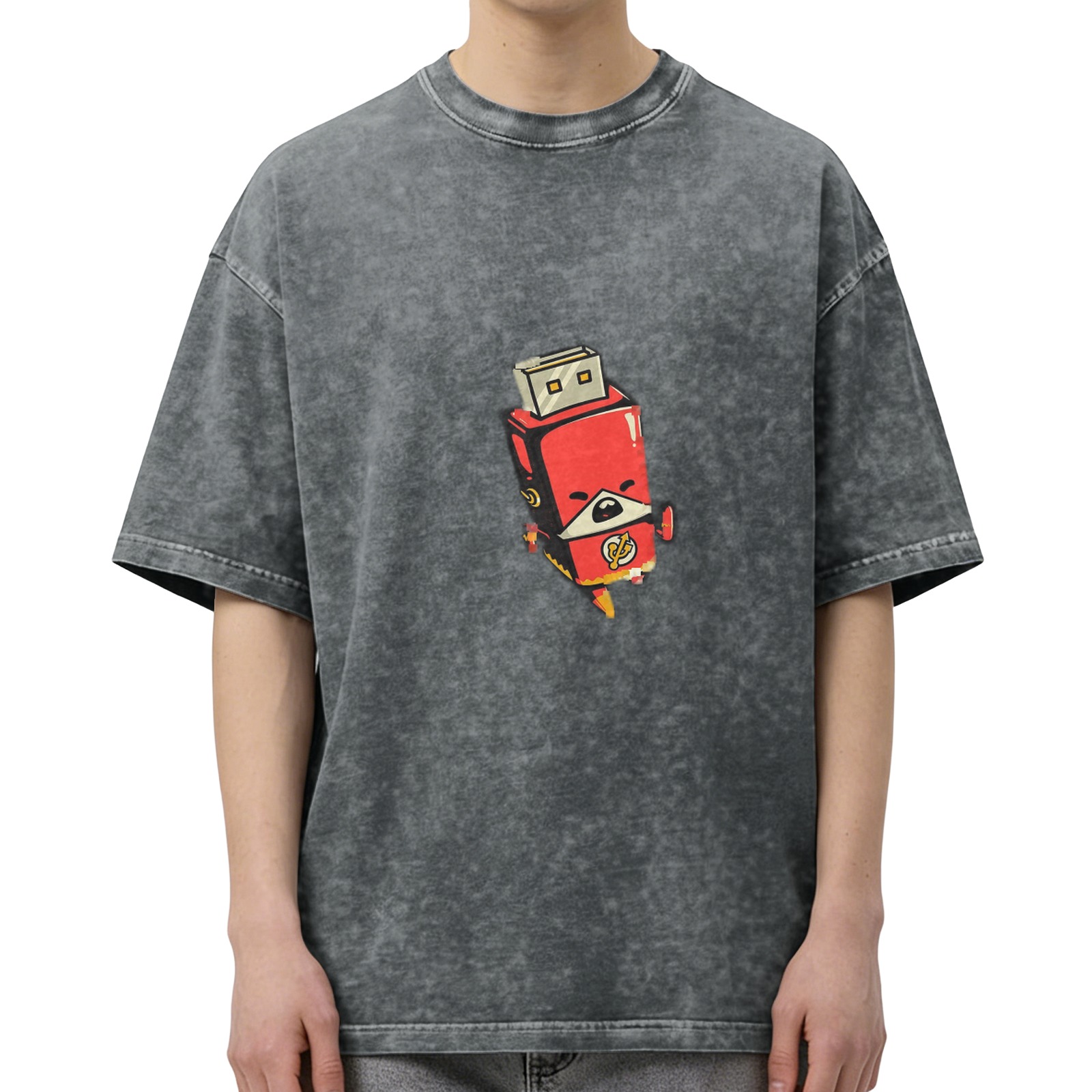 Distressed washed black cartoon U disk Superman printed short-sleeved T-shirt