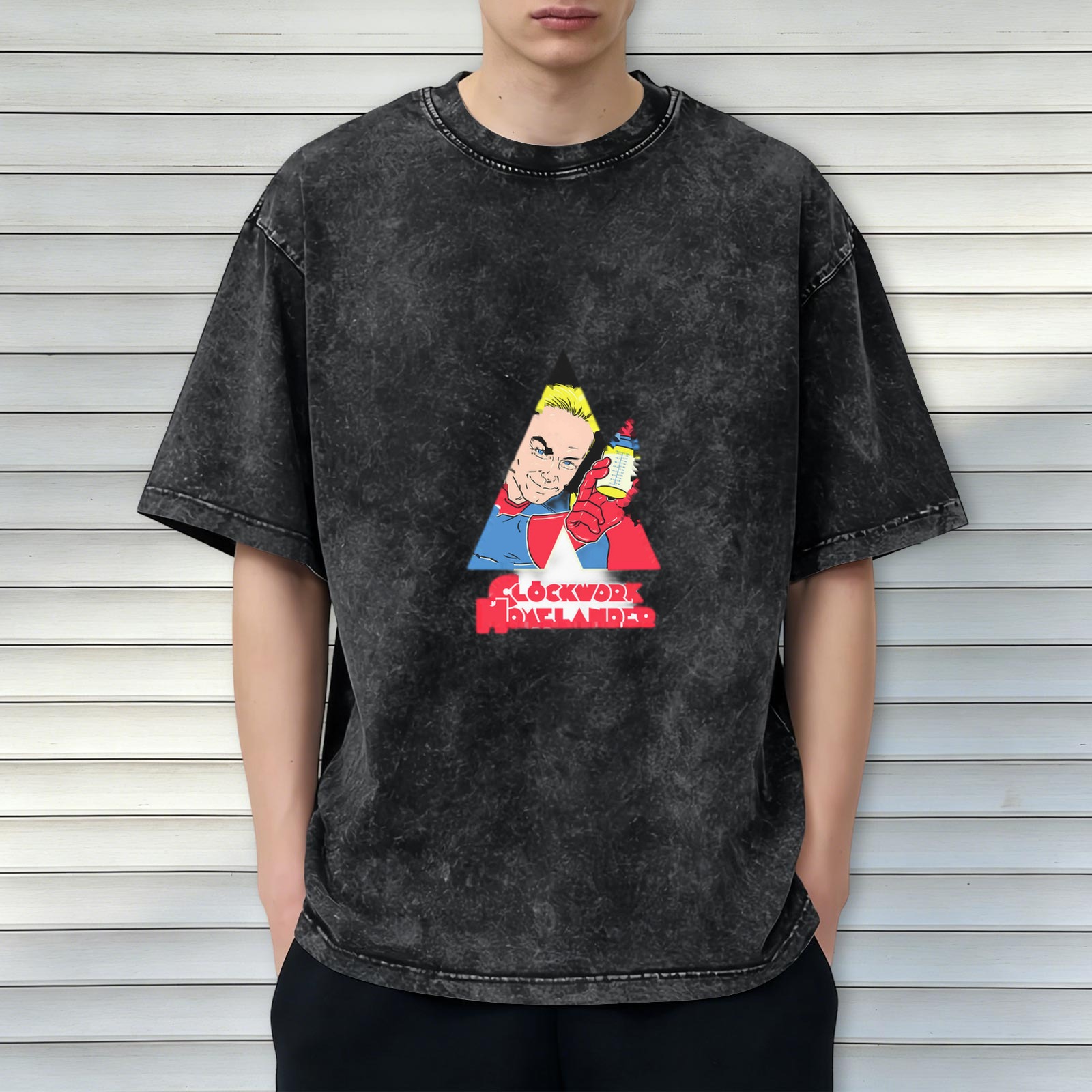 Oversized acid wash t-shirt with Clockwork Homelander graphic print