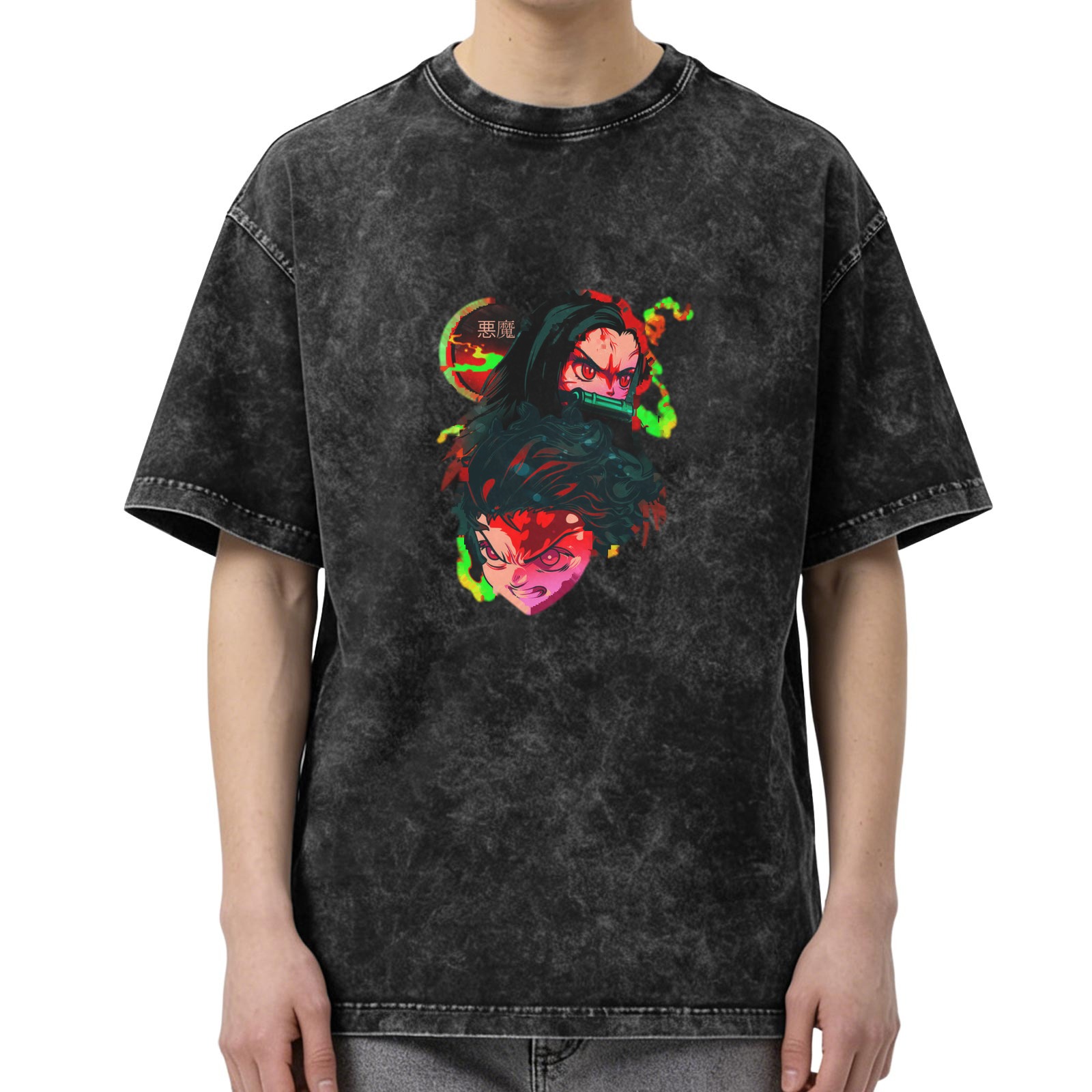 Demon Slayer themed distressed washed black loose short-sleeved T-shirt