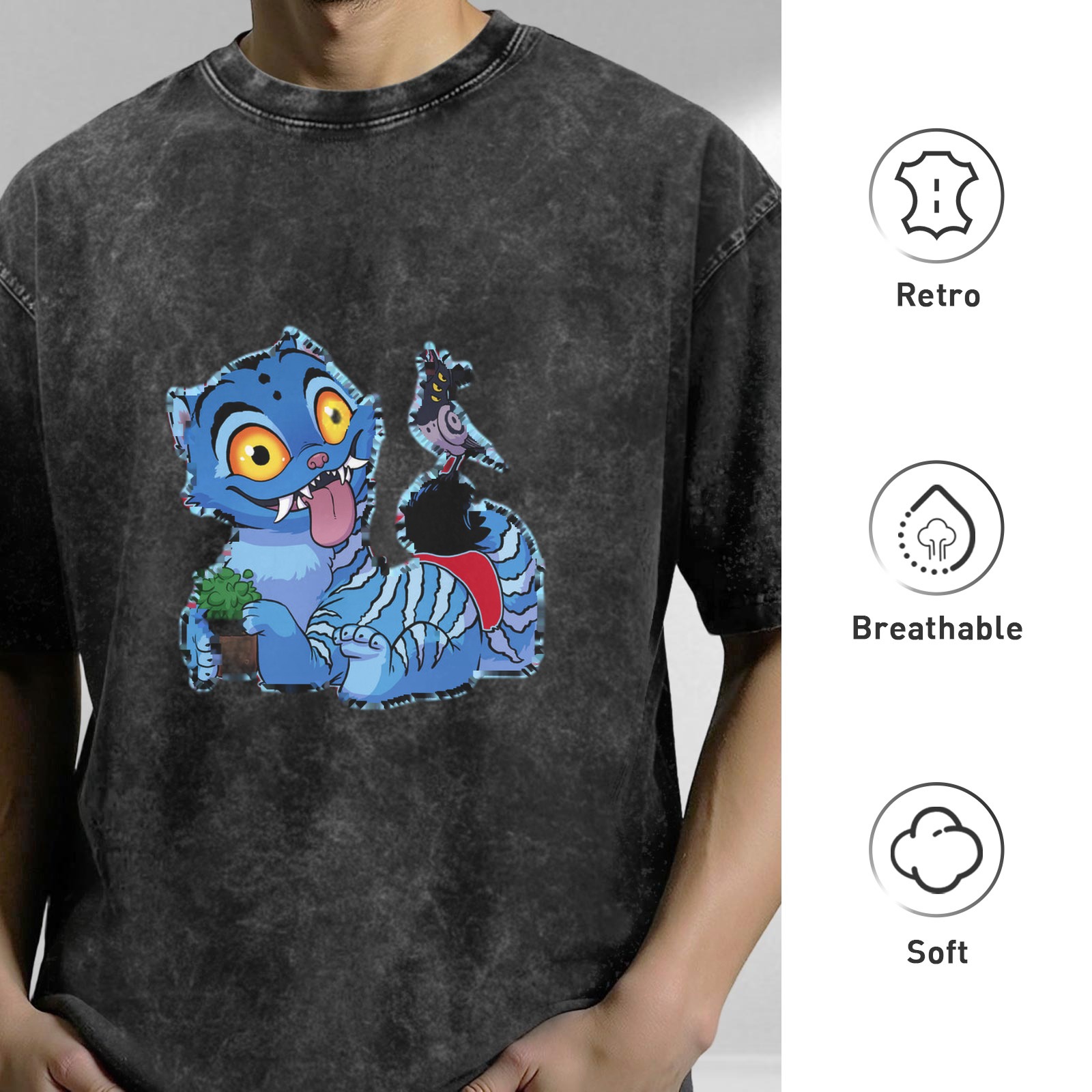 Washed black graphic t-shirt with playful blue fantasy cat print