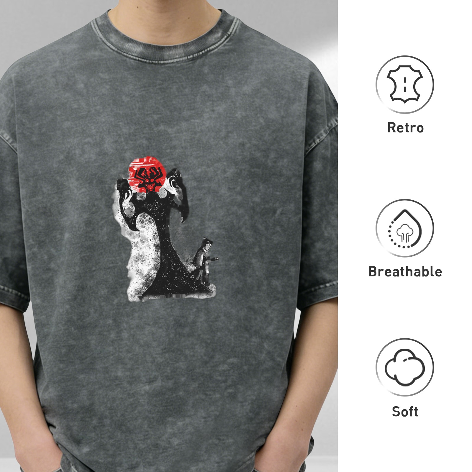 Oversized Acid Wash Graphic T-Shirt With Red Sun And Abstract Figure Print