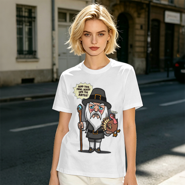 Wizard Pilgrim Holding Turkey Funny Thanksgiving T-Shirt Design