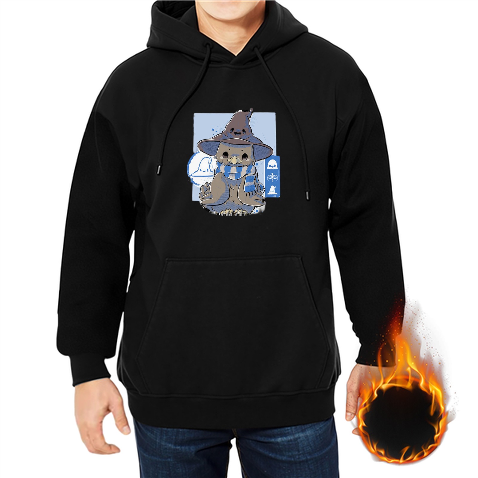 Black hoodie with cute wizard owl graphic design