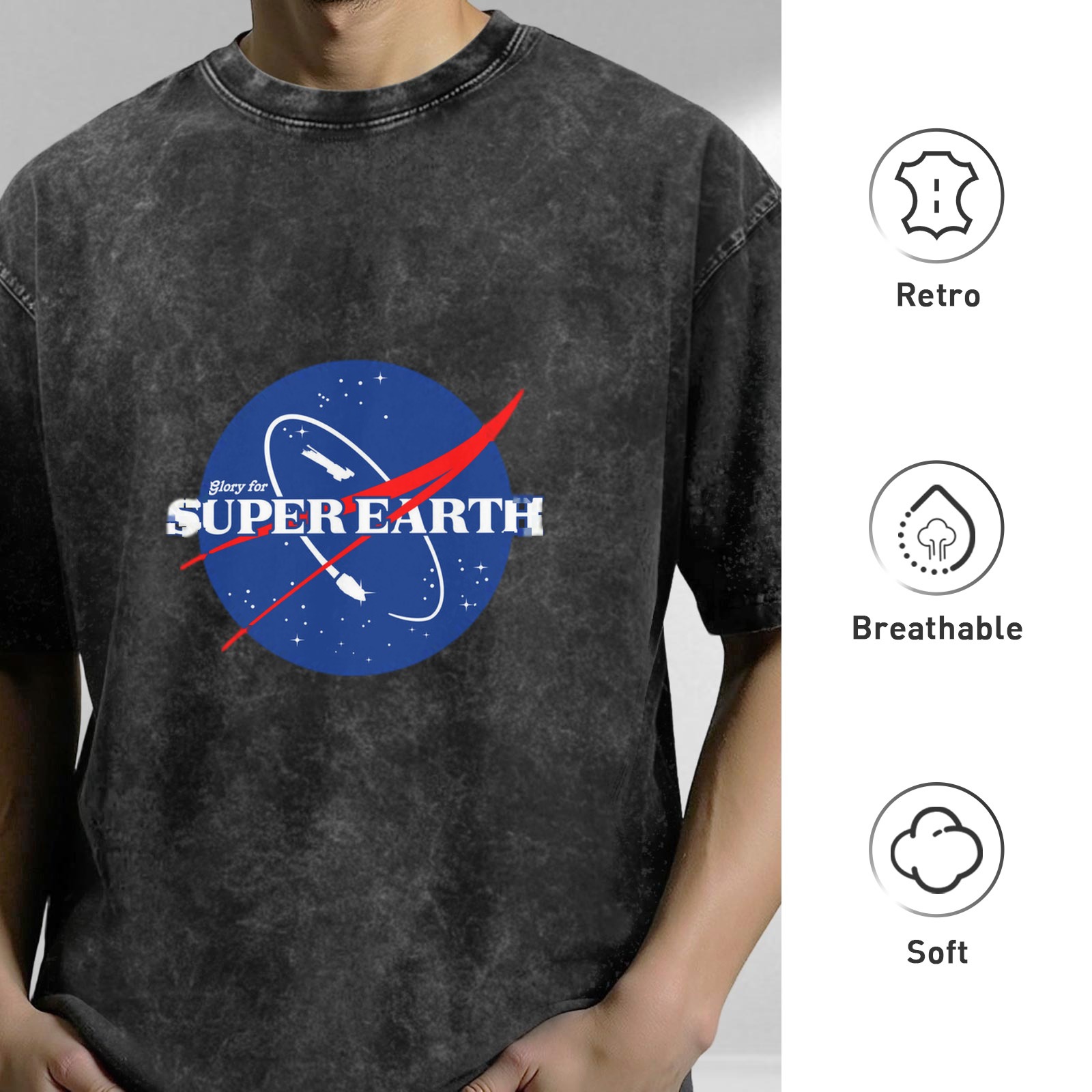 Oversized Stone Wash T-shirt with 'Glory for Super Earth' NASA-style Graphic Print