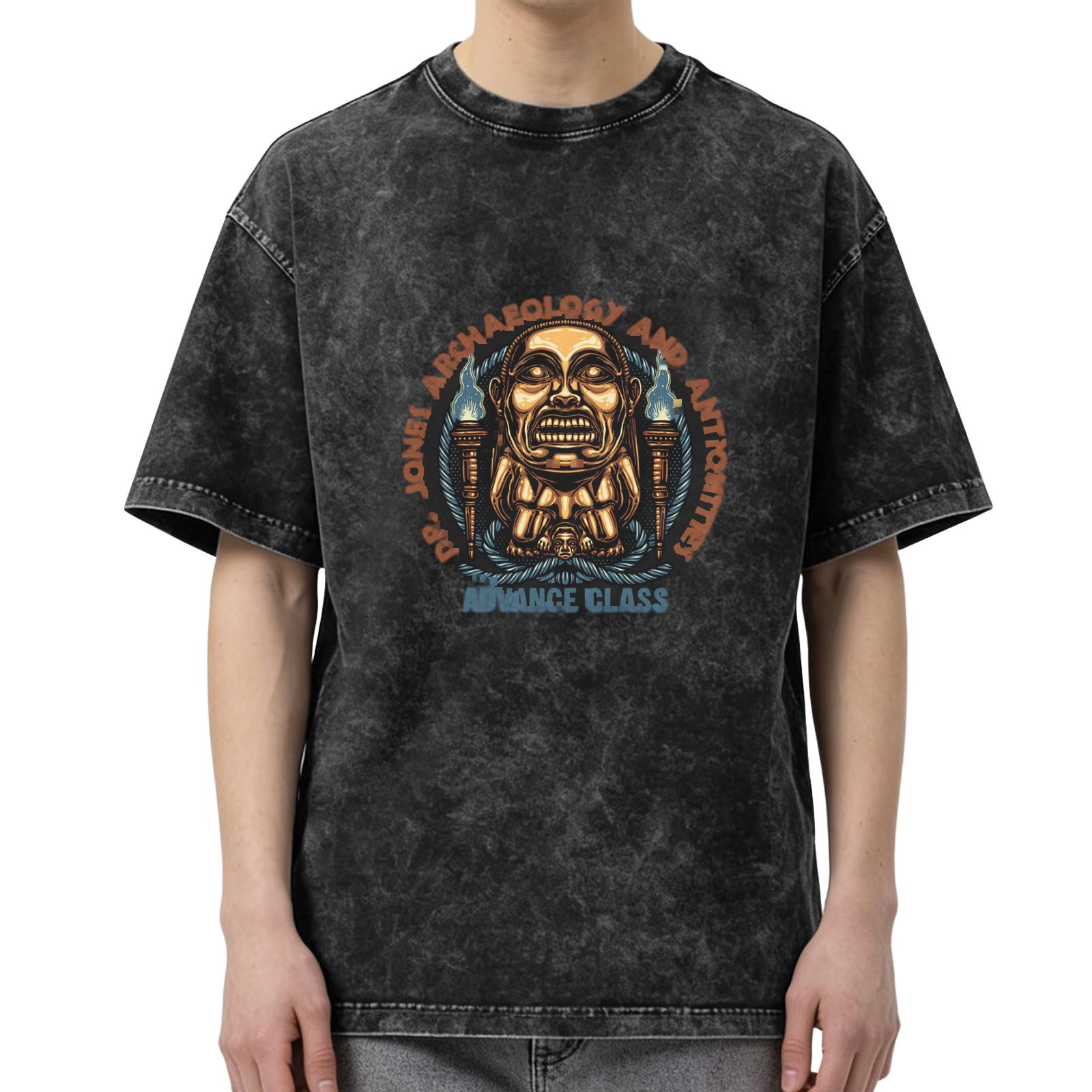 Washed Black T-Shirt with Ancient Idol Archaeology Graphic