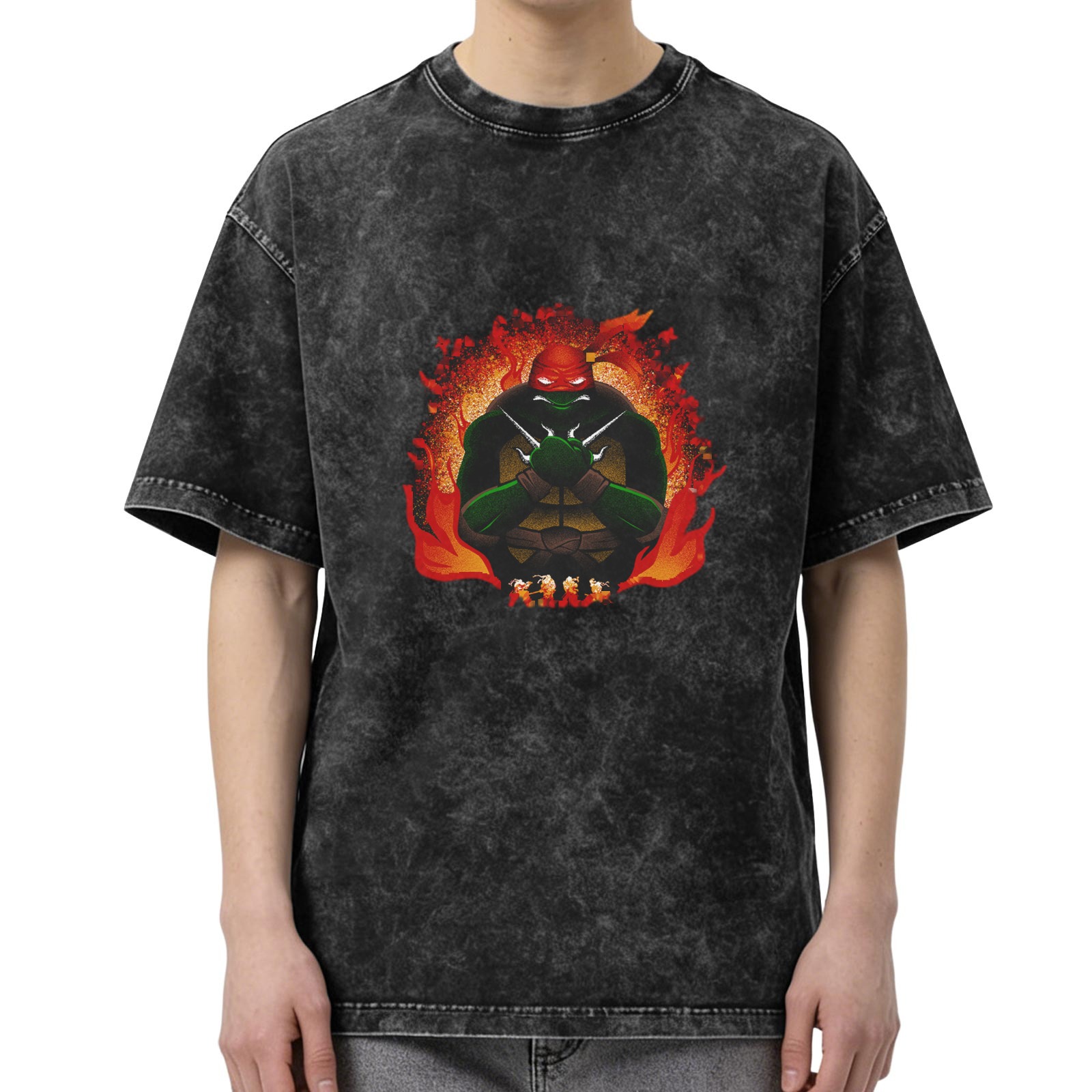Washed Black T-Shirt With Ninja Turtle Raphael Fire Graphic