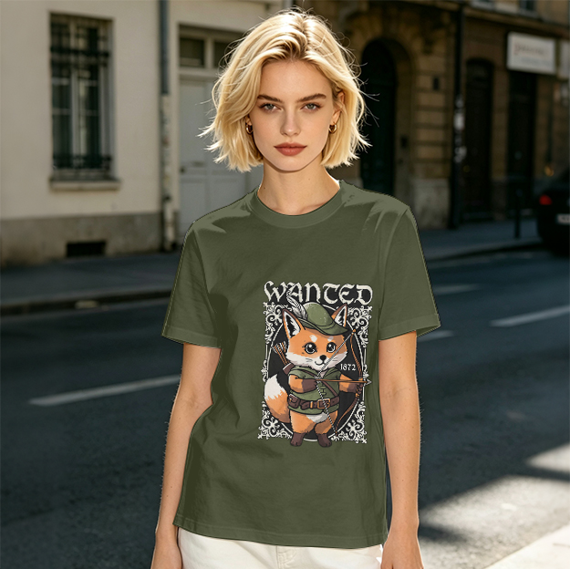 Olive green t-shirt with cute fox archer 'WANTED' graphic