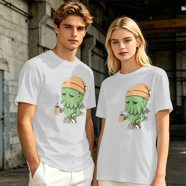 Olive T-Shirt With Sleepy Cthulhu Holding Coffee And Phone
