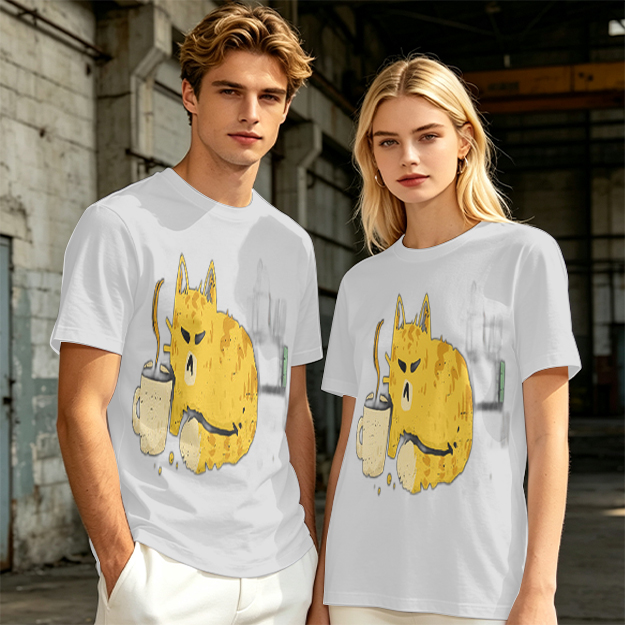 Olive T-Shirt With Grumpy Cat Holding Hot Coffee Print