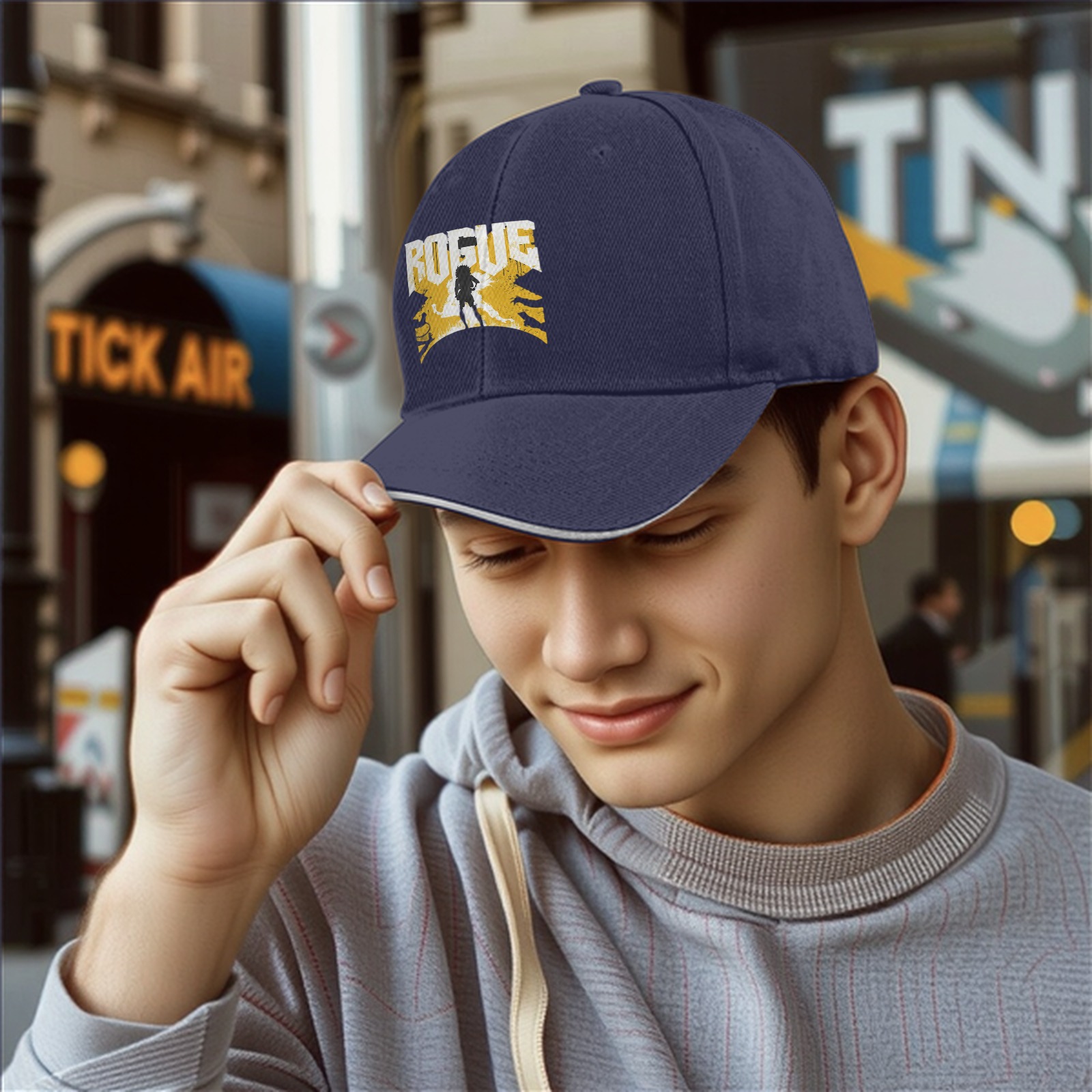 Black baseball cap with ROGUE text and silhouette graphic