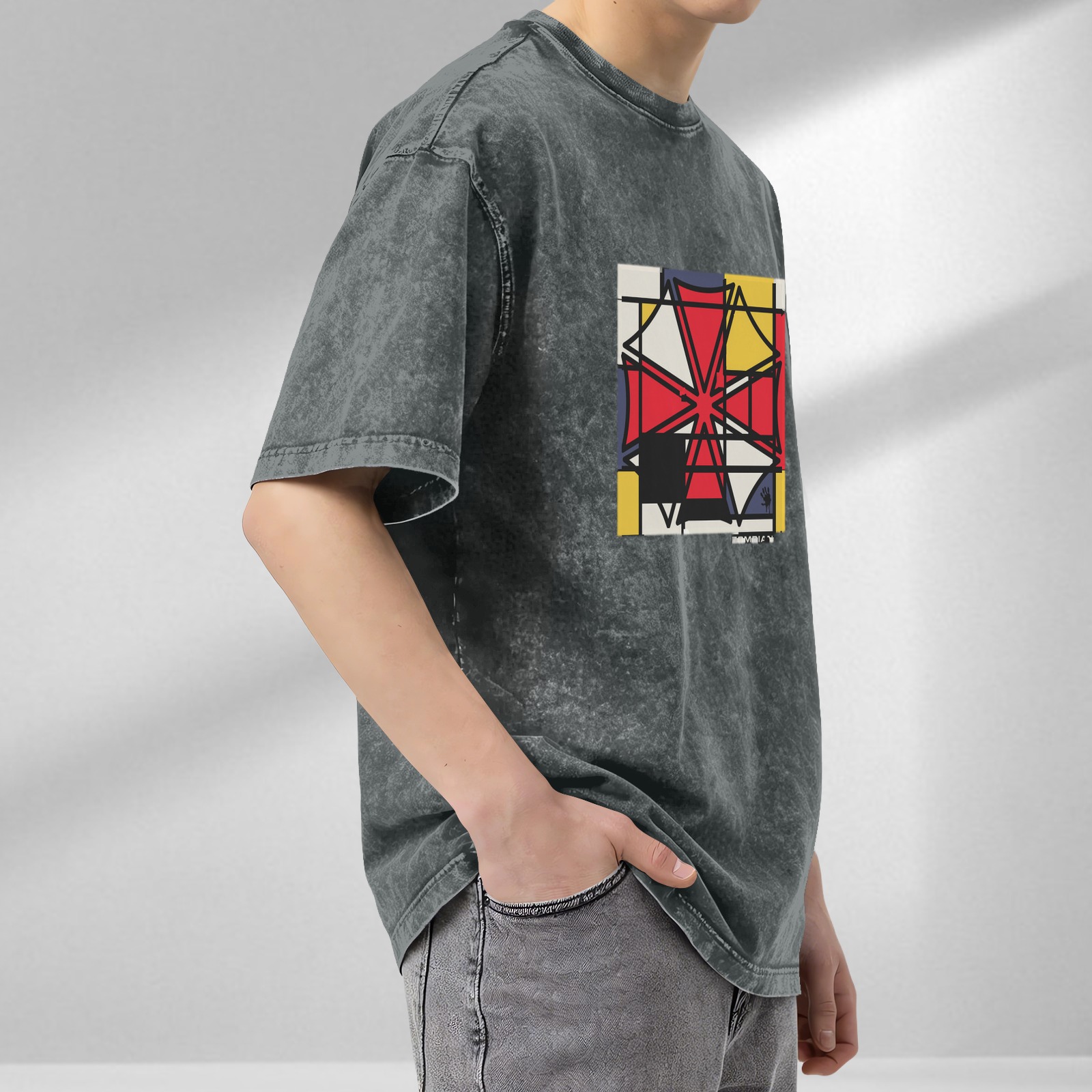 Oversized Acid Wash T-Shirt With Abstract Geometric Art Print